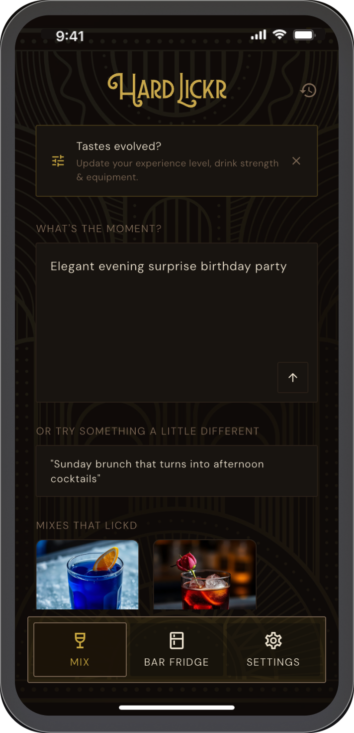 Hard Lickr app: describing the moment — ‘elegant evening surprise birthday party’