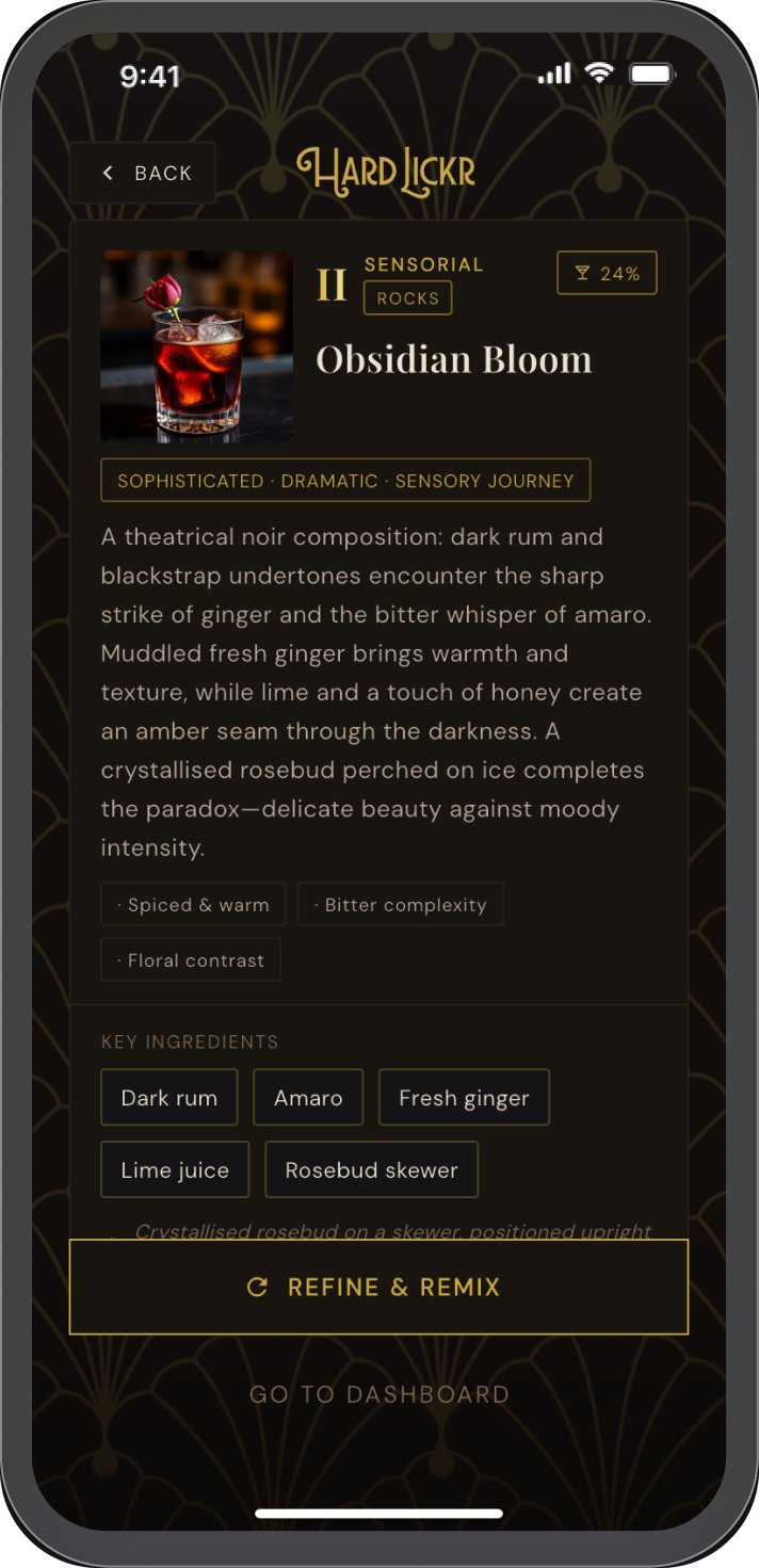 Hard Lickr app: the Obsidian Bloom, a bespoke cocktail created by the AI