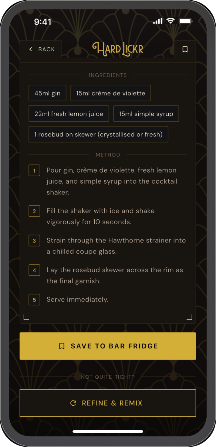 Step-by-step method with measured ingredients and a Save to Bar Fridge button